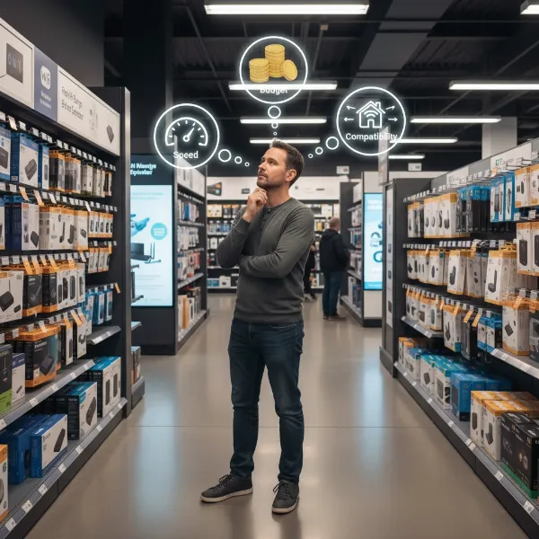 A person looking at different Wi-Fi extender boxes in a tech store, with overlaid thought bubbles showing considerations like speed, budget, and coverage.