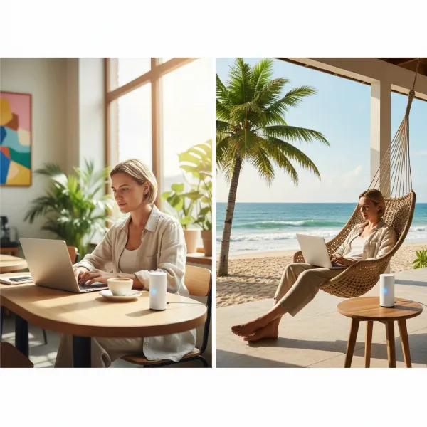 A split image showing a digital nomad working efficiently in two different locations—a cozy cafe and a beachside villa—seamlessly connected by a portable Wi-Fi extender, highlighting productivity and freedom. 