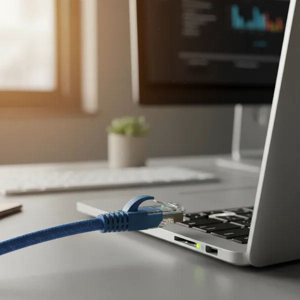 Ethernet cable connected to a laptop for a stable internet connection.