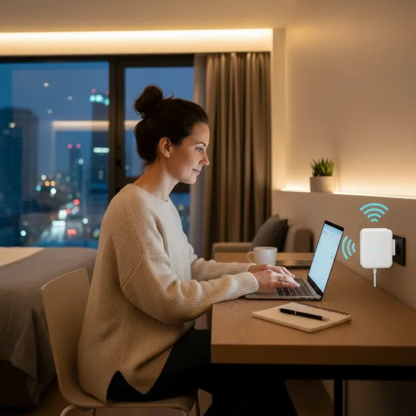 A traveling freelancer working on a laptop in a hotel room, with a small, portable Wi-Fi extender plugged into an outlet nearby, illustrating seamless connectivity while on the go.