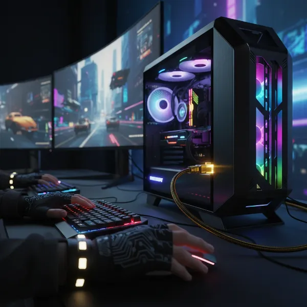 A high-performance gaming setup with an Ethernet cable ensuring stable connection.