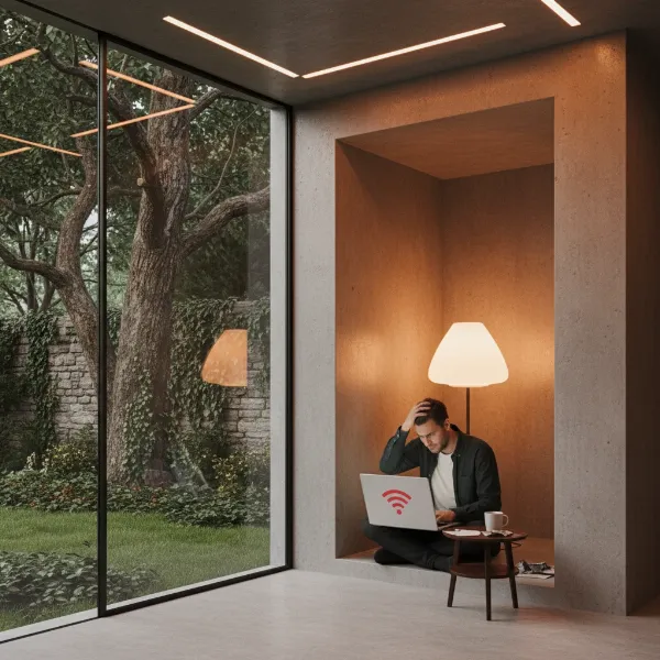 A person frustrated with a weak WiFi signal in a corner of their large home