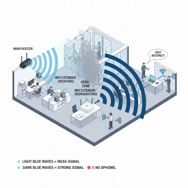 Illustration showing how a WiFi extender receives and rebroadcasts a signal in an office setting, extending coverage zones.