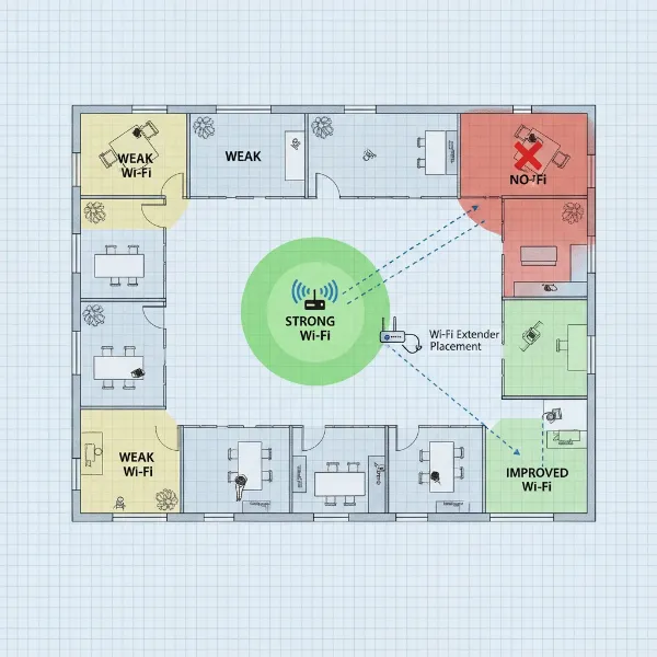 An overhead view illustration of a small to medium-sized office floor plan, highlighting areas with strong, weak, and no Wi-Fi signal, indicating where a WiFi extender would be beneficial to fill dead zones for office work. Style is clean, professional, and infographic-like.