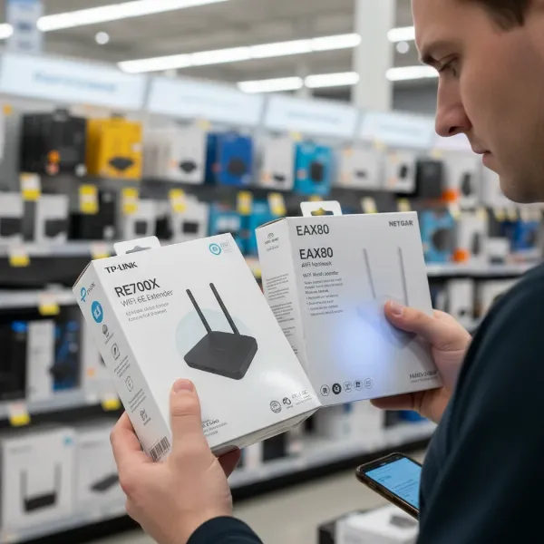 A person thoughtfully examining various Wi-Fi extender boxes in a modern electronics store aisle, highlighting choices and decision-making for network improvement. The person holds a smartphone, possibly comparing specs.