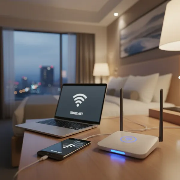 A compact travel router creating a secure Wi-Fi network in a modern hotel room, with a laptop and smartphone connected to it