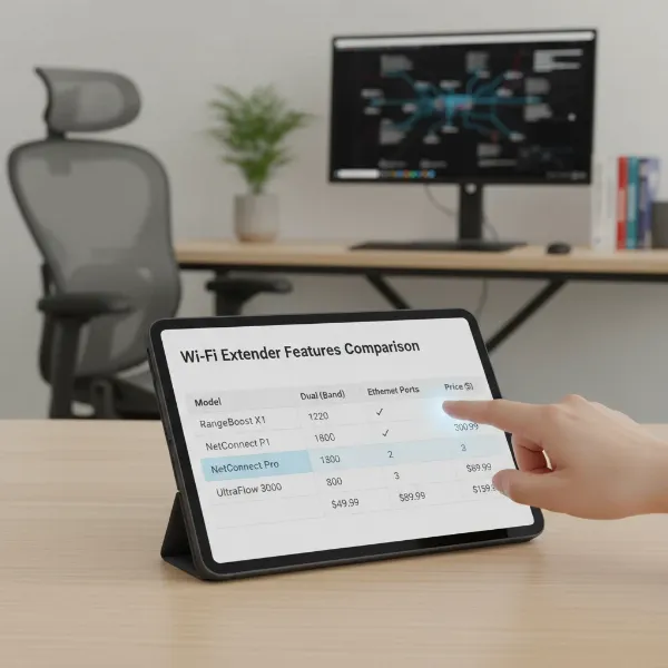 A hand pointing at a tablet screen displaying various Wifi extender features and comparison points, symbolizing the buying decision process.