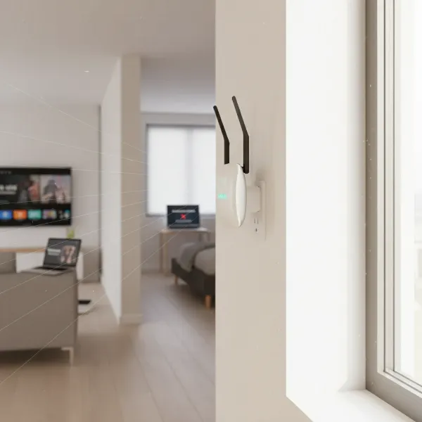 A modern Wi-Fi extender device with external antennas, strategically placed in a home to extend network coverage. The device has a sleek design with LED indicators, situated on a wall outlet between a living room and a far bedroom, symbolizing expanded reach. The scene is bright and well-lit, with a realistic photographic style.
