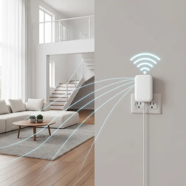 A Wi-Fi extender plugged into a wall outlet in a modern home, showing extended wireless signal radiating outwards to cover more rooms.