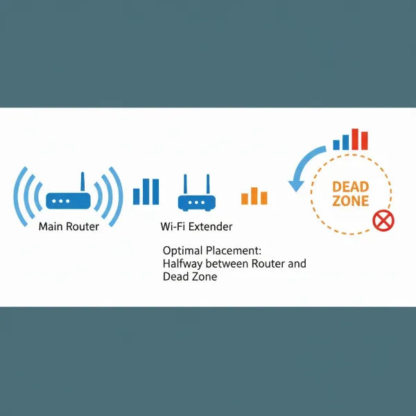 A diagram showing optimal placement of a Wi-Fi extender between a main router and a dead zone in a house, with signal strength indicators.