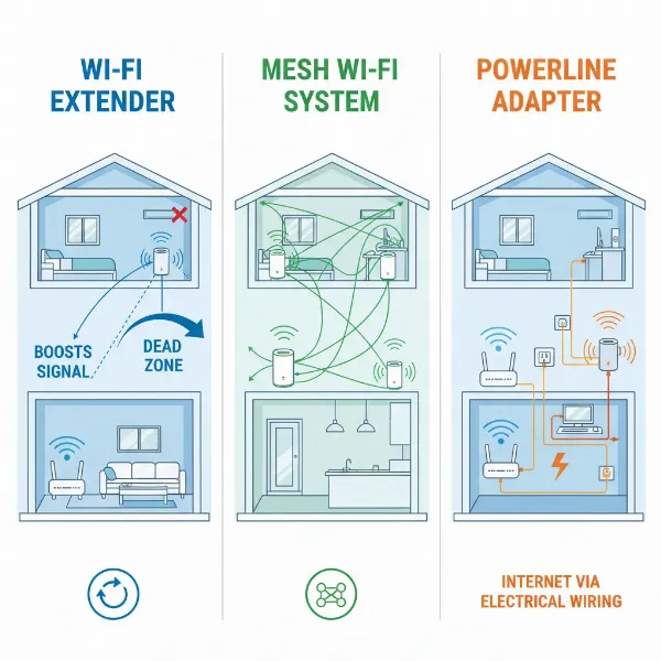A conceptual diagram comparing a Wi-Fi extender, a Mesh Wi-Fi system, and a Powerline adapter in a home setting.
